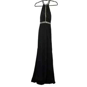 Rhinestone Halter Neck Open Back Mesh Center Gown with Train Size 2
